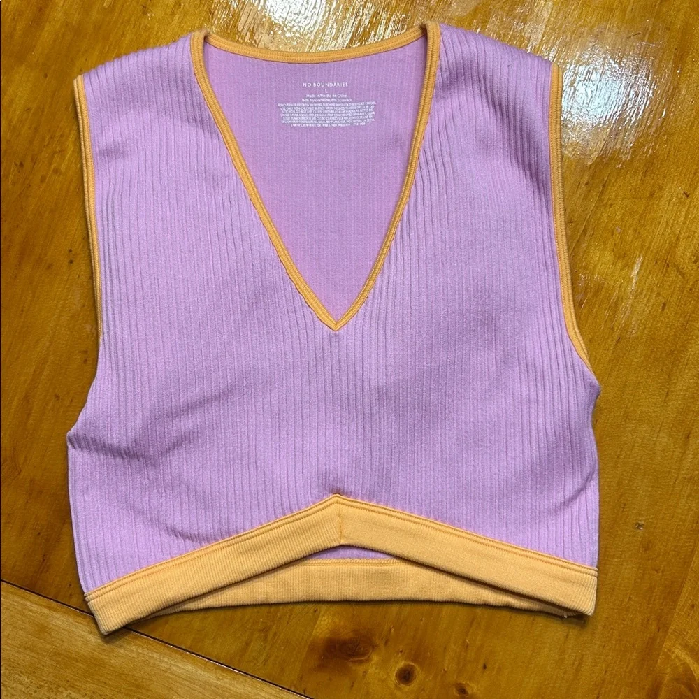 Y2K Sporty Chic Purple Orange Ribbed V-Neck Crop Top Crossover Hem Sleeveless - Picture 3 of 7